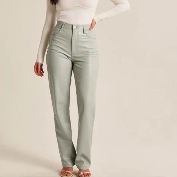 Abercrombie & Fitch 90’s Straight Ultra High Rise Vegan Leather Sage Green Pants - Picture 1 of 10